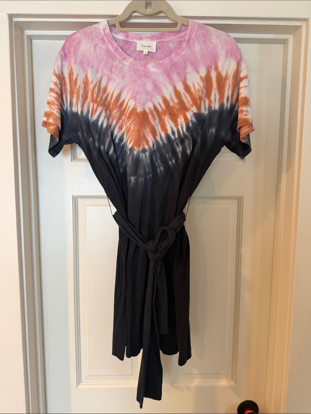 R.G Kane Tie-Dye Short Sleeve Tee-Shirt Dress in Pink, Orange & Black with Belt